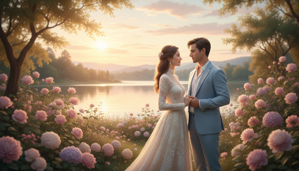 A dreamy, idealized couple standing together in a serene, romantic setting. In the foreground, a young man and woman are gazing into each other's eyes with expressions of deep admiration and affection, dressed in elegant yet modest attire. The middle ground features a gentle, sunlit garden filled with blooming flowers, casting soft, colorful shadows around them. In the background, a tranquil lake reflects the pastel colors of a sunset, enhancing the romantic atmosphere. Soft, golden lighting bathes the scene, creating a warm, enchanting mood. The couple's body language is open and inviting, illustrating a sense of harmony and connection, emphasizing the theme of idealization in relationships. The overall composition should evoke a sense of love, hope, and dreaminess, perfect for illustrating emotional depth.