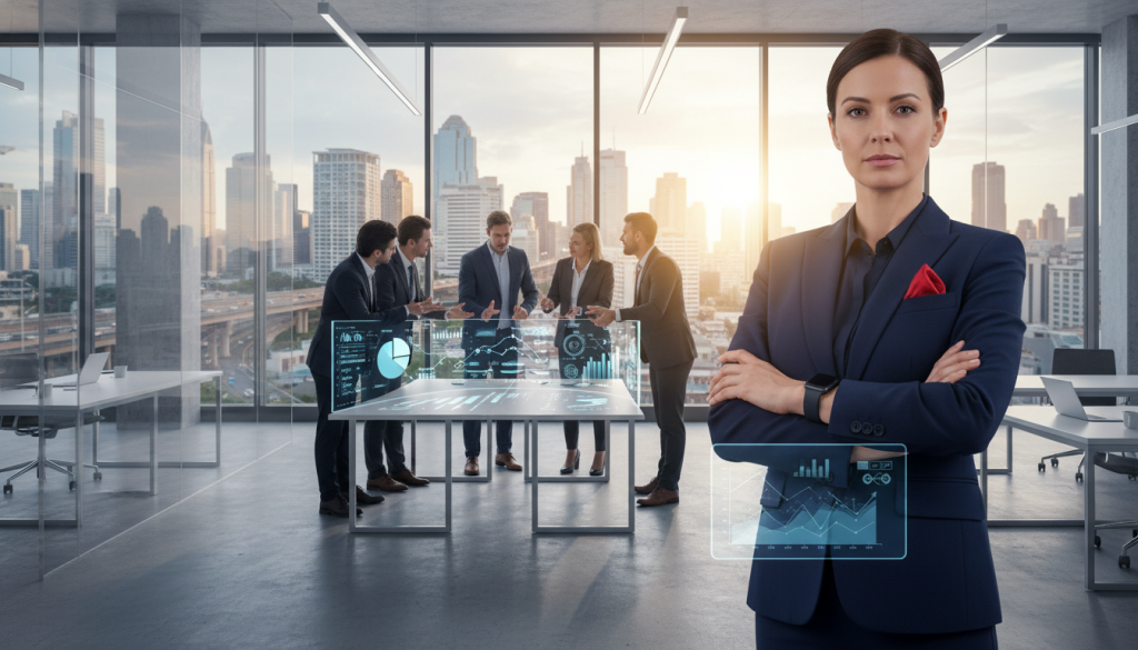 A dynamic and engaging scene depicting the strengths of Aries in the business world. In the foreground, a confident individual dressed in a sharp business suit, embodying the traits of an Aries leader, stands with arms crossed, exuding determination. Their surroundings showcase a modern office environment with sleek furniture and high-tech gadgets. The middle ground features a collaborative meeting space with diverse professionals brainstorming ideas over large screens displaying graphs and data, symbolizing strategy and innovation. In the background, a large window reveals a bustling city skyline, representing ambition and growth. The lighting is bright and inspiring, casting a warm glow, capturing an atmosphere of success, energy, and forward momentum. The image should reflect a blend of professionalism and passion, illustrating Aries' natural business acumen. A dynamic and engaging scene depicting the strengths of Aries in the business world. In the foreground, a confident individual dressed in a sharp business suit, embodying the traits of an Aries leader, stands with arms crossed, exuding determination. Their surroundings showcase a modern office environment with sleek furniture and high-tech gadgets. The middle ground features a collaborative meeting space with diverse professionals brainstorming ideas over large screens displaying graphs and data, symbolizing strategy and innovation. In the background, a large window reveals a bustling city skyline, representing ambition and growth. The lighting is bright and inspiring, casting a warm glow, capturing an atmosphere of success, energy, and forward momentum. The image should reflect a blend of professionalism and passion, illustrating Aries' natural business acumen.