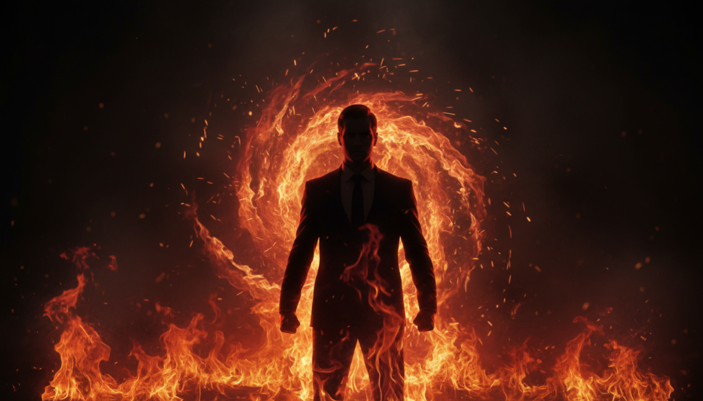 A dynamic and fiery representation of "fuego," focusing on its fierce and passionate nature. In the foreground, vibrant flames leap and flicker, characterized by shades of deep red, orange, and hints of yellow, illuminating a dramatic silhouette of a determined figure wearing professional business attire, symbolizing harnessed anger. The middle layer features a swirling inferno, with embers swirling upward, creating a sense of movement and energy. In the background, a smoky, dark atmosphere contrasts with the bright flames, enhancing the intensity and danger of the fire. Soft, diffused lighting casts intricate shadows, suggesting both tension and power. The mood exudes a potent mixture of raw emotion and strategy, reflecting the complexities of anger and vengeance in a captivating visual narrative.