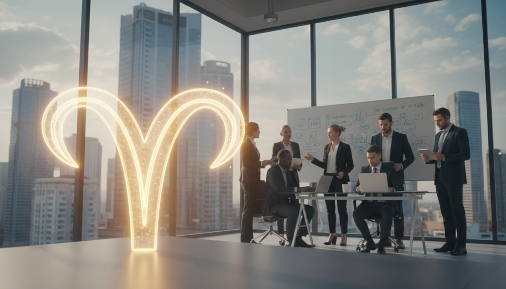 A dynamic and thought-provoking scene illustrating the concept of business challenges, featuring a stylized depiction of a large astrological symbol for Aries at the forefront, emanating a sense of strength and ambition. The middle ground presents a busy office environment, with professionals in business attire engaged in discussions, brainstorming ideas on whiteboards, and analyzing data on laptops. In the background, a city skyline can be seen through large glass windows, representing growth and opportunity. Soft, natural lighting floods the space, creating a warm yet focused atmosphere. The camera angle captures the essence of teamwork and dedication, inviting the viewer to reflect on the complexities of entrepreneurial management. The overall mood should be inspiring and professional. A dynamic and thought-provoking scene illustrating the concept of business challenges, featuring a stylized depiction of a large astrological symbol for Aries at the forefront, emanating a sense of strength and ambition. The middle ground presents a busy office environment, with professionals in business attire engaged in discussions, brainstorming ideas on whiteboards, and analyzing data on laptops. In the background, a city skyline can be seen through large glass windows, representing growth and opportunity. Soft, natural lighting floods the space, creating a warm yet focused atmosphere. The camera angle captures the essence of teamwork and dedication, inviting the viewer to reflect on the complexities of entrepreneurial management. The overall mood should be inspiring and professional.