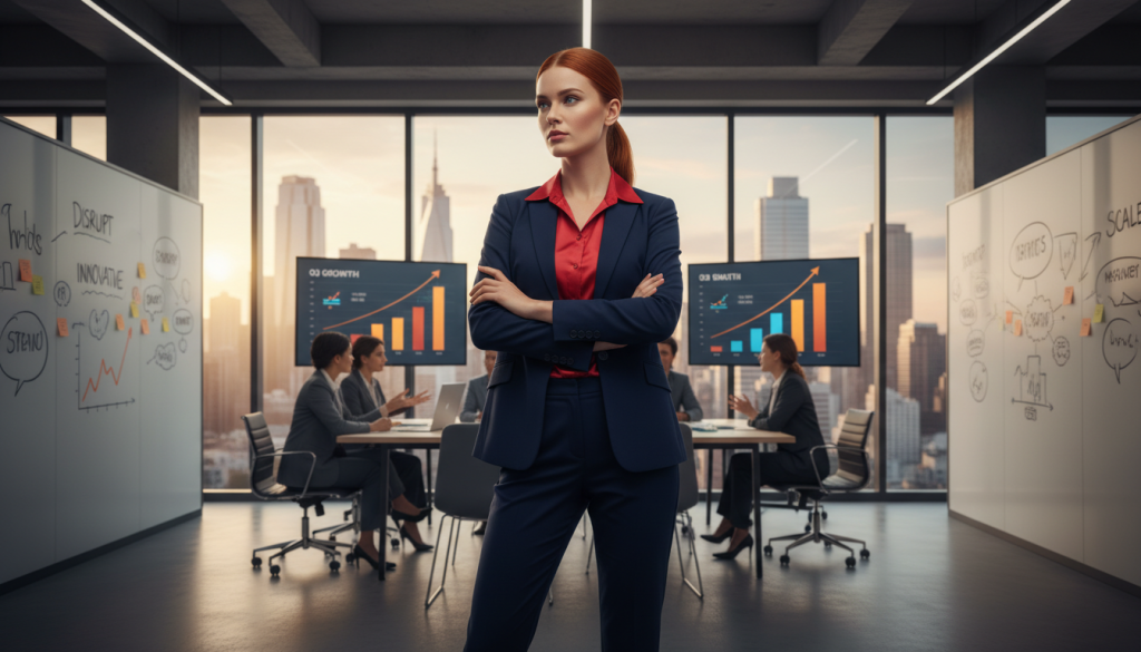 A dynamic business environment showcasing an Aries entrepreneur. In the foreground, a confident individual in professional attire, embodying leadership and initiative, stands with arms crossed, exuding determination. In the middle ground, a contemporary office space filled with innovative ideas and vibrant elements, such as brainstorming boards and digital screens displaying growth graphs, indicating entrepreneurial spirit. The background features large windows with a cityscape view, symbolizing opportunity and ambition. Soft, natural lighting fills the scene, highlighting the subject and creating a warm, inspiring atmosphere. The overall mood is energetic and motivational, representing the essence of Aries entrepreneurs and their business potential. A dynamic business environment showcasing an Aries entrepreneur. In the foreground, a confident individual in professional attire, embodying leadership and initiative, stands with arms crossed, exuding determination. In the middle ground, a contemporary office space filled with innovative ideas and vibrant elements, such as brainstorming boards and digital screens displaying growth graphs, indicating entrepreneurial spirit. The background features large windows with a cityscape view, symbolizing opportunity and ambition. Soft, natural lighting fills the scene, highlighting the subject and creating a warm, inspiring atmosphere. The overall mood is energetic and motivational, representing the essence of Aries entrepreneurs and their business potential.