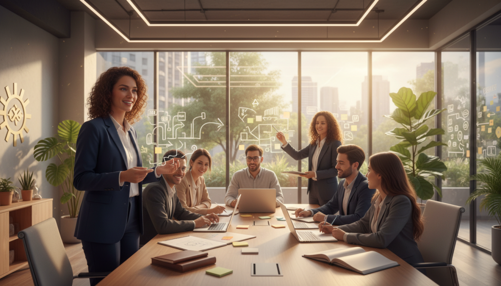 A dynamic, inspiring office environment where diverse professionals are engaged in collaborative work. In the foreground, a confident woman in professional business attire is discussing ideas, emphasizing teamwork and creativity. In the middle, a large conference table surrounded by individuals brainstorming, with laptops and notebooks spread out, showcasing innovation and focus. The background features large windows allowing natural sunlight to flood the space, creating a bright and uplifting atmosphere. Potted plants add a touch of greenery, symbolizing growth and abundance. The lighting is warm and inviting, enhancing productivity. The overall mood is one of empowerment, unity, and positivity, focused on attracting prosperity and success in the workplace.