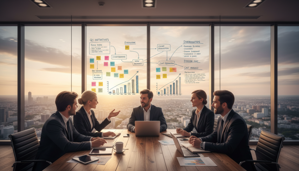 A dynamic office scene focused on effective income-maximizing strategies. In the foreground, a diverse group of five professionals engaged in a brainstorming session around a modern conference table, dressed in sharp business attire. Each individual shows enthusiasm, with charts and graphs displaying upward trends spread across the table. The middle ground features a large whiteboard filled with colorful post-it notes and strategic plans, illuminated by bright overhead lights. In the background, large windows revealing a city skyline during sunrise, casting a warm, motivating glow into the room. The atmosphere is one of collaboration and innovation, hinting at the potential for financial growth and economic success this year. A dynamic office scene focused on effective income-maximizing strategies. In the foreground, a diverse group of five professionals engaged in a brainstorming session around a modern conference table, dressed in sharp business attire. Each individual shows enthusiasm, with charts and graphs displaying upward trends spread across the table. The middle ground features a large whiteboard filled with colorful post-it notes and strategic plans, illuminated by bright overhead lights. In the background, large windows revealing a city skyline during sunrise, casting a warm, motivating glow into the room. The atmosphere is one of collaboration and innovation, hinting at the potential for financial growth and economic success this year.
