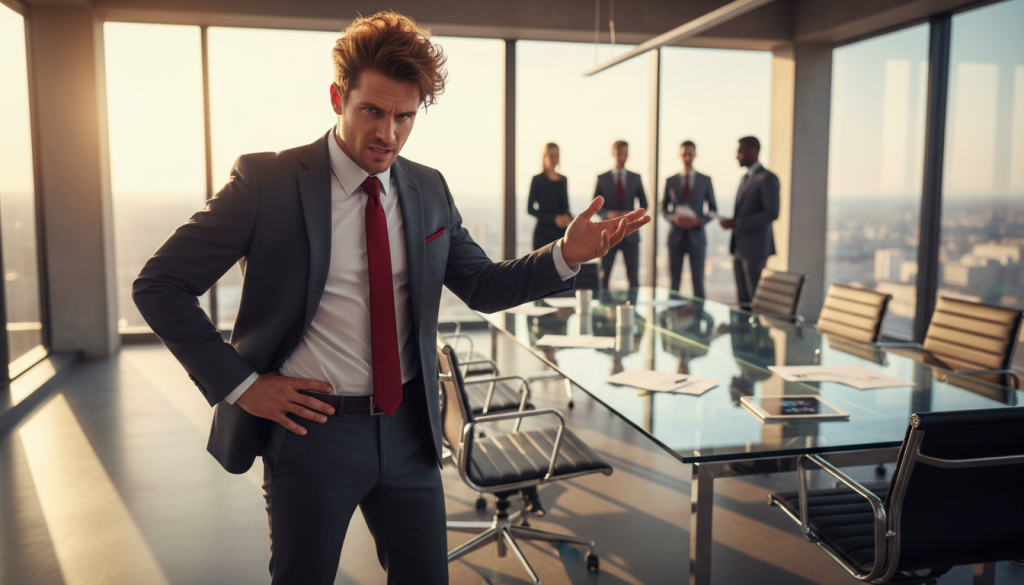 A dynamic scene depicting a charismatic individual, embodying the astrological qualities of Aries, dressed in stylish business attire, standing confidently in the foreground. The character's expression shows a mix of determination and frustration as they engage with an unseen group in the middle ground, representing their reaction to denial from others. The setting is an elegant modern office, with sleek furniture and large windows that let in soft, warm daylight, creating a vibrant yet tense atmosphere. In the background, silhouettes of individuals can be seen, illustrating the distance between the Aries character and the respondents. The composition captures the essence of manipulation and negotiation, with focus on the character's assertive posture, framed by a slightly tilted perspective to enhance the feeling of intensity.