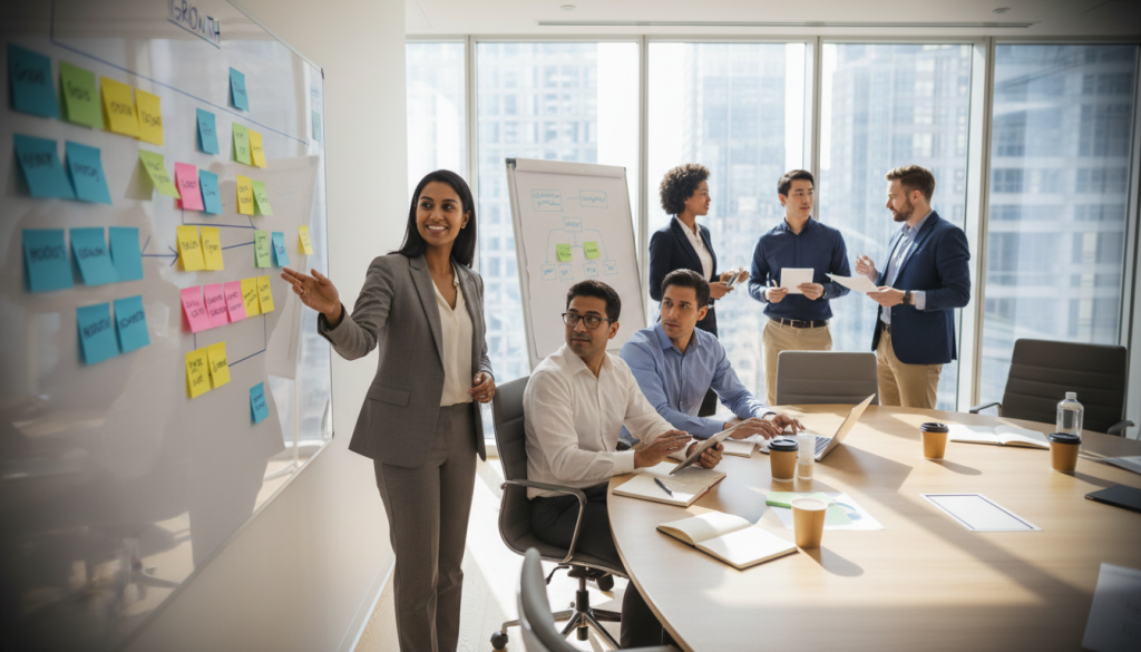 A dynamic scene depicting a diverse group of professionals, including men and women of various ethnic backgrounds, engaging in a brainstorming session in a modern conference room. In the foreground, a confident woman points at a vision board filled with colorful sticky notes representing ideas and opportunities. In the middle ground, team members are actively discussing and taking notes, wearing professional business attire. The background shows large windows with natural light flooding into the room, casting soft shadows. The mood is energetic and collaborative, highlighting proactivity and creativity. The angle captures the excitement of teamwork, with a slight tilt to emphasize movement and engagement in the space. A dynamic scene depicting a diverse group of professionals, including men and women of various ethnic backgrounds, engaging in a brainstorming session in a modern conference room. In the foreground, a confident woman points at a vision board filled with colorful sticky notes representing ideas and opportunities. In the middle ground, team members are actively discussing and taking notes, wearing professional business attire. The background shows large windows with natural light flooding into the room, casting soft shadows. The mood is energetic and collaborative, highlighting proactivity and creativity. The angle captures the excitement of teamwork, with a slight tilt to emphasize movement and engagement in the space.