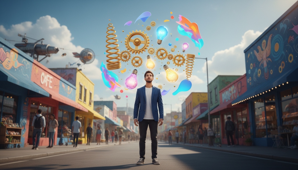 A dynamic scene depicting the essence of "Gemini and the constant search for novelty." In the foreground, a curious young professional, dressed in smart casual attire, gazes at vibrant, floating objects symbolizing innovation and change, such as swirling gears, colorful light bulbs, and abstract shapes. In the middle ground, an engaging urban landscape unfolds, with colorful storefronts and dynamic street art reflecting diversity and energy. The background features a clear blue sky with fluffy white clouds, suggesting endless possibilities. Use soft, warm lighting to create a welcoming atmosphere, with a slightly blurred depth-of-field effect to emphasize the figure in the foreground. The overall mood should feel adventurous and inspiring, capturing Gemini's restless spirit and curiosity for new experiences. A dynamic scene depicting the essence of "Gemini and the constant search for novelty." In the foreground, a curious young professional, dressed in smart casual attire, gazes at vibrant, floating objects symbolizing innovation and change, such as swirling gears, colorful light bulbs, and abstract shapes. In the middle ground, an engaging urban landscape unfolds, with colorful storefronts and dynamic street art reflecting diversity and energy. The background features a clear blue sky with fluffy white clouds, suggesting endless possibilities. Use soft, warm lighting to create a welcoming atmosphere, with a slightly blurred depth-of-field effect to emphasize the figure in the foreground. The overall mood should feel adventurous and inspiring, capturing Gemini's restless spirit and curiosity for new experiences.