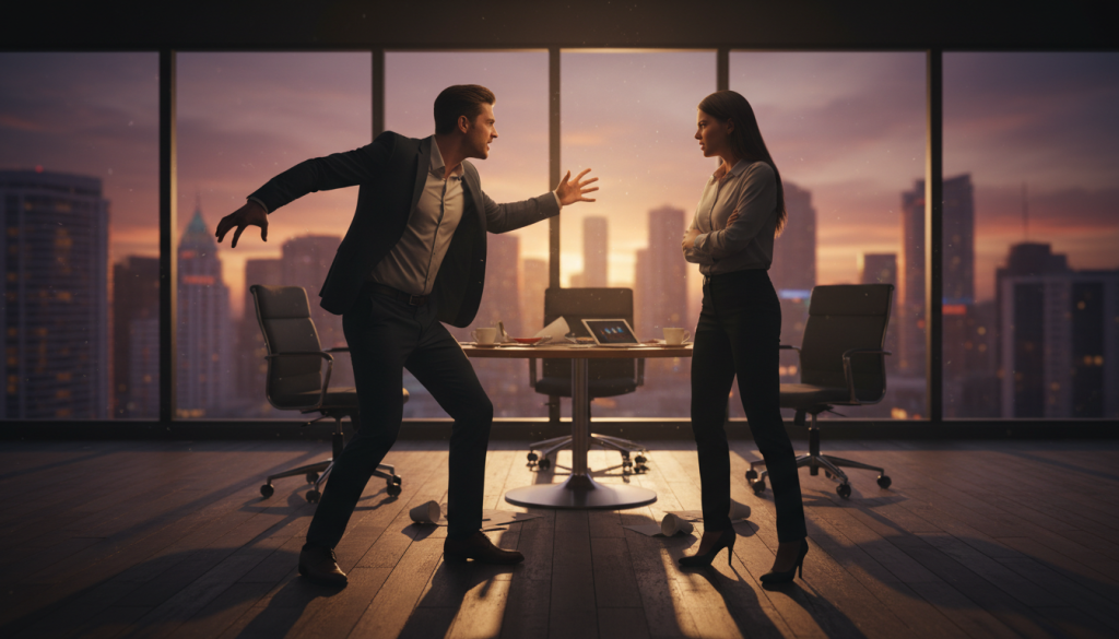 A dynamic scene depicting the theme of impulsivity leading to conflict. In the foreground, two professionals in modern attire face each other, their expressions intense and passionate, showcasing a disagreement. One gestures animatedly, while the other stands firm, highlighting the tension. The middle layer features a blurred office environment, complete with a round table and papers scattered, suggesting a heated discussion. The background shows a large window with city skyline views, drenched in warm, dramatic sunset light, casting long shadows that symbolize growing tension. The atmosphere feels charged, capturing both the impulse of heated emotions and the seriousness of conflict resolution. The overall composition aims to evoke a sense of urgency and intensity. A dynamic scene depicting the theme of impulsivity leading to conflict. In the foreground, two professionals in modern attire face each other, their expressions intense and passionate, showcasing a disagreement. One gestures animatedly, while the other stands firm, highlighting the tension. The middle layer features a blurred office environment, complete with a round table and papers scattered, suggesting a heated discussion. The background shows a large window with city skyline views, drenched in warm, dramatic sunset light, casting long shadows that symbolize growing tension. The atmosphere feels charged, capturing both the impulse of heated emotions and the seriousness of conflict resolution. The overall composition aims to evoke a sense of urgency and intensity.