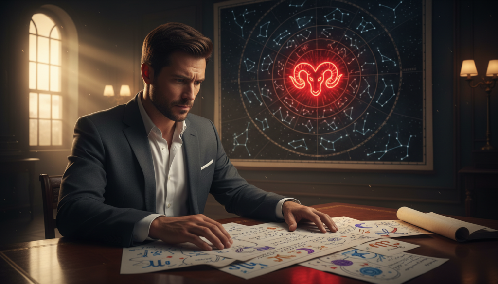 A dynamic scene illustrating the concept of "shadow strategies" associated with Aries in love. In the foreground, a thoughtful individual sits at a table, dressed in professional business attire, examining handwritten notes and observing colorful astrological symbols. The expression conveys contemplation and introspection. In the middle ground, a celestial map is displayed, showcasing the zodiac signs, with Aries highlighted in a bold red hue, symbolizing passion and intensity. The background features a dimly lit room with soft, ambient lighting, casting warm shadows that create a reflective atmosphere. Soft rays of light filter through a nearby window, hinting at dawn, suggesting a moment of realization. The overall mood is one of depth and reflection, capturing the essence of navigating the complexities of love associated with Aries.