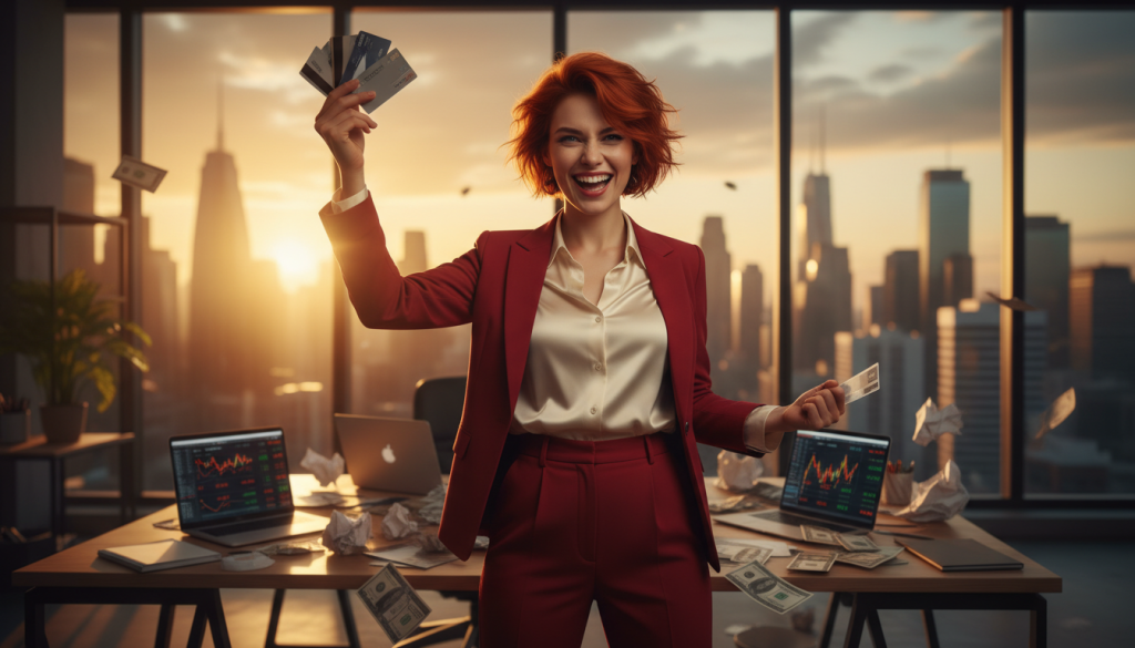 A dynamic scene illustrating the impulsive nature of Aries in finance. In the foreground, a confident young woman with short, fiery red hair, wearing a stylish business outfit, stands with one arm raised, holding a handful of credit cards as if ready to spend. Her expression is a mix of excitement and recklessness. In the middle ground, a chaotic office environment filled with financial reports, graphs, and a scattering of dollar bills. The background features a large window showing a city skyline at sunset, casting warm, golden light that creates a vibrant atmosphere. The overall mood is energetic and somewhat frenetic, capturing the thrill of impulsive spending. Use a shallow depth of field to focus on the woman while slightly blurring the background elements.
