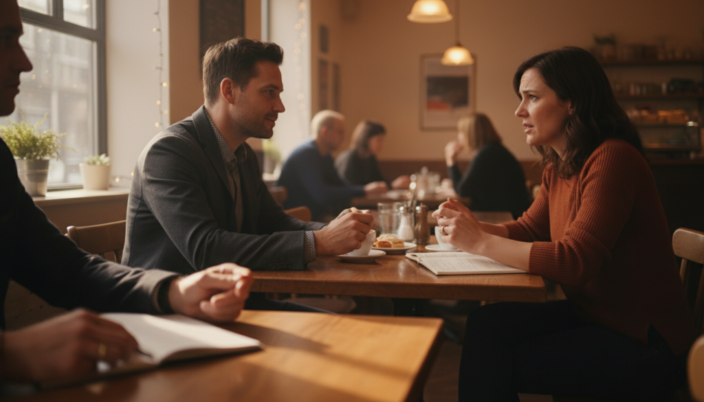 A dynamic scene showcasing two individuals sitting at a small table in a cozy café, surrounded by warm ambient lighting that creates a nurturing atmosphere. The foreground features a pair of hands subtly engaging with each other, symbolizing connection and affection. In the middle ground, a man and a woman, both dressed in smart casual clothing, are engaged in a thoughtful conversation, their expressions conveying a blend of passion and contemplation. The background shows blurred outlines of other patrons, enhancing the intimate feel of the setting. Soft light from a nearby window casts gentle shadows, adding depth to the scene, while the overall mood reflects the challenges and warmth of a relationship with an Aries, emphasizing understanding and dialogue.