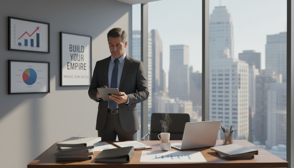 A focused entrepreneur stands confidently in a modern office environment, surrounded by visual elements of business growth such as graphs, charts, and motivational quotes on the walls. In the foreground, the entrepreneur, a middle-aged Hispanic man, is dressed in a smart business suit, deeply engaged in analyzing a digital tablet displaying market data. The middle ground features a contemporary desk cluttered with business reports, a laptop, and a cup of coffee, symbolizing dedication and hard work. The background showcases large windows with a city skyline view, allowing natural light to flood the room, creating an energizing atmosphere. The overall mood is one of ambition and determination, contrasting the dynamic nature of entrepreneurship with the structured environment of business management. The image should be captured from a slightly angled perspective, emphasizing both the subject and the workspace. A focused entrepreneur stands confidently in a modern office environment, surrounded by visual elements of business growth such as graphs, charts, and motivational quotes on the walls. In the foreground, the entrepreneur, a middle-aged Hispanic man, is dressed in a smart business suit, deeply engaged in analyzing a digital tablet displaying market data. The middle ground features a contemporary desk cluttered with business reports, a laptop, and a cup of coffee, symbolizing dedication and hard work. The background showcases large windows with a city skyline view, allowing natural light to flood the room, creating an energizing atmosphere. The overall mood is one of ambition and determination, contrasting the dynamic nature of entrepreneurship with the structured environment of business management. The image should be captured from a slightly angled perspective, emphasizing both the subject and the workspace.