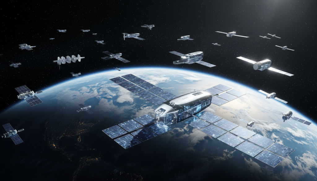 A futuristic scene showcasing a fleet of LEO satellites orbiting Earth, captured from a high-angle perspective. In the foreground, one satellite is prominently displayed, featuring intricate solar panels and a sleek, aerodynamic body gleaming under sunlight. The middle ground contains multiple satellites, each with unique designs and illuminated by soft natural light, highlighting their technological sophistication. The background features a vibrant blue planet Earth, partially shadowed, with swirling white clouds and a starry space backdrop. The atmosphere conveys a sense of innovation and progress, symbolizing technological advancement in the market. The image should be bright and clean, using a wide-angle lens to emphasize depth and scale, creating an inspiring and optimistic mood. A futuristic scene showcasing a fleet of LEO satellites orbiting Earth, captured from a high-angle perspective. In the foreground, one satellite is prominently displayed, featuring intricate solar panels and a sleek, aerodynamic body gleaming under sunlight. The middle ground contains multiple satellites, each with unique designs and illuminated by soft natural light, highlighting their technological sophistication. The background features a vibrant blue planet Earth, partially shadowed, with swirling white clouds and a starry space backdrop. The atmosphere conveys a sense of innovation and progress, symbolizing technological advancement in the market. The image should be bright and clean, using a wide-angle lens to emphasize depth and scale, creating an inspiring and optimistic mood.