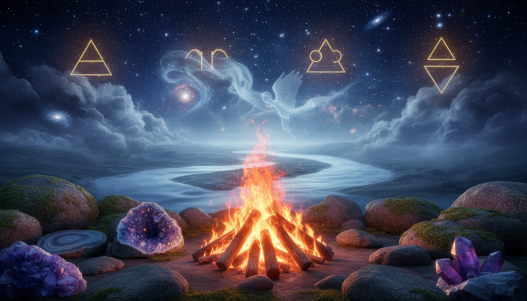 A harmonious composition showcasing the four elemental symbols of astrology: fire, earth, air, and water. In the foreground, vibrant fire with flames illuminating the scene, surrounded by earthy textures like crystals and stone. The middle ground features ethereal representations of air, like swirling clouds and wisps, and calm flowing water. The background depicts a cosmic night sky filled with twinkling stars, enhancing the mystical mood. Soft, ambient lighting creates a sense of serenity and connection to the universe. The camera angle offers a slightly angled view, emphasizing depth and intertwining the elements. The overall atmosphere evokes harmony and balance, reflecting the significance of elements in astrology.