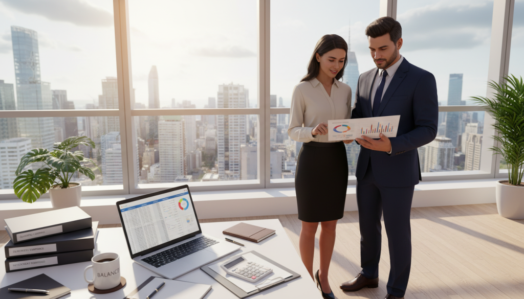 A harmonious scene depicting financial security, featuring a carefully organized workspace. In the foreground, a neatly arranged desk with a laptop, open financial reports, a calculator, and a coffee mug, symbolizing diligent financial planning. In the middle ground, a couple dressed in professional business attire, a man and a woman, engaged in a thoughtful discussion, looking at financial charts and budgeting tools. The background showcases a modern office setting with large windows allowing natural sunlight to pour in, casting soft shadows. The mood conveys optimism and focus, representing the balance between impulsivity and financial stability. The shot is taken from a slight angle to emphasize collaboration, evoking feelings of trust and partnership. A harmonious scene depicting financial security, featuring a carefully organized workspace. In the foreground, a neatly arranged desk with a laptop, open financial reports, a calculator, and a coffee mug, symbolizing diligent financial planning. In the middle ground, a couple dressed in professional business attire, a man and a woman, engaged in a thoughtful discussion, looking at financial charts and budgeting tools. The background showcases a modern office setting with large windows allowing natural sunlight to pour in, casting soft shadows. The mood conveys optimism and focus, representing the balance between impulsivity and financial stability. The shot is taken from a slight angle to emphasize collaboration, evoking feelings of trust and partnership.