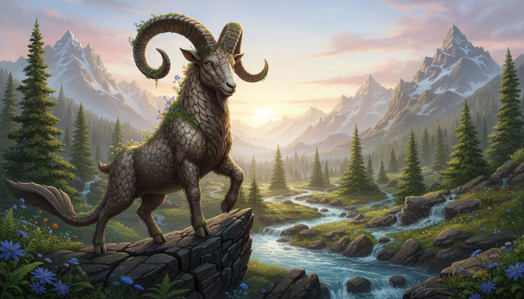 A majestic Capricorn symbolizing stability, set against a serene mountain landscape. In the foreground, a strong Capricorn figure, portrayed as a symbol of resilience, stands proudly on a rocky outcrop, its gaze steady and wise. The middle ground features lush greenery and flowing streams, representing growth and tranquility. In the background, majestic mountains rise slightly shrouded in soft, golden light, adding a sense of depth and calm. The sky is painted in soft pastels of dawn, conveying hope and new beginnings. The scene is illuminated with warm, natural lighting that highlights the Capricorn’s features and the surrounding landscape. The overall mood is one of strength, reliability, and quiet resolve, capturing the essence of Capricorn as a pillar of stability and caution.