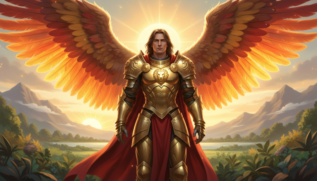 A majestic archangel representing the protective qualities of Leo, radiating strength and light. In the foreground, the archangel stands tall, adorned in golden armor that shimmers in the sunlight, with intricate lion motifs and a flowing crimson cape. His wings, expansive and feathered, are spread wide, showcasing a spectrum of vibrant colors symbolizing courage and warmth. In the middle ground, a serene landscape featuring lush greenery and a radiant sun adds a sense of calm and harmony. The background reveals distant mountains, enveloped in soft clouds, enhancing the ethereal quality. Bright, warm lighting bathes the scene, creating an uplifting and inspiring atmosphere, inviting viewers to connect with their inner protector. The angle captures the archangel in a powerful yet benevolent stance, embodying the essence of guidance and support without any text or distractions.