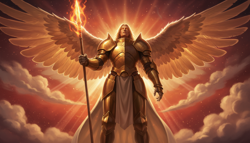A majestic archangel representing the protector of Aries, standing tall and commanding in the foreground. The archangel, adorned in shimmering golden armor reflecting the fire element, holds a glowing spear in one hand, radiating strength and guidance. Behind the archangel, a vibrant celestial sky filled with vivid orange and red hues symbolizes the passionate essence of Aries. Ethereal clouds drift gently across the scene, adding depth to the background. Soft, divine light illuminates the archangel’s wings, which are large and feathery, spread wide as if ready for flight. The atmosphere is charged with a sense of strength and steadfastness, capturing the essence of protection and leadership. The image is framed with a slight low angle, enhancing the archangel’s presence, and accentuating the dramatic lighting that highlights the figure's features.
