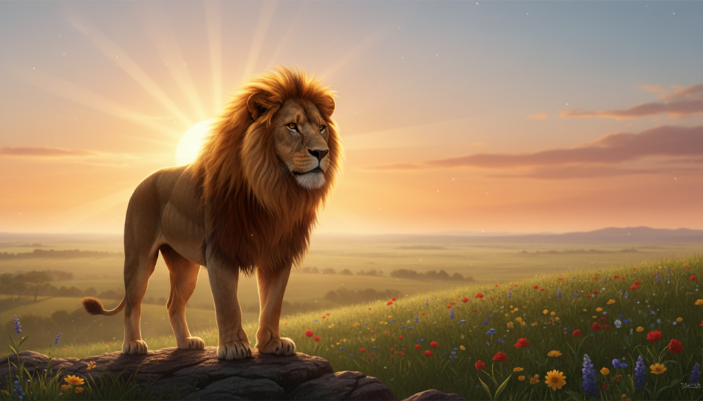 A majestic lion, embodying leadership and strength, stands in the foreground of a vibrant sunrise, casting a golden glow. The lion’s mane shines brightly, reflecting the light of a new day, symbolizing prosperity and confidence. In the middle ground, lush green grass and colorful wildflowers extend outward, evoking a sense of growth and abundance. In the background, a serene sky transitions from deep orange to soft blue, illustrating hope and potential. Gentle, warm lighting bathes the scene, highlighting the lion's powerful stance. The atmosphere is uplifting and empowering, inspiring viewers to embrace positivity and assertiveness. The lion is depicted in a natural setting, devoid of any human elements, focusing solely on its majestic presence.