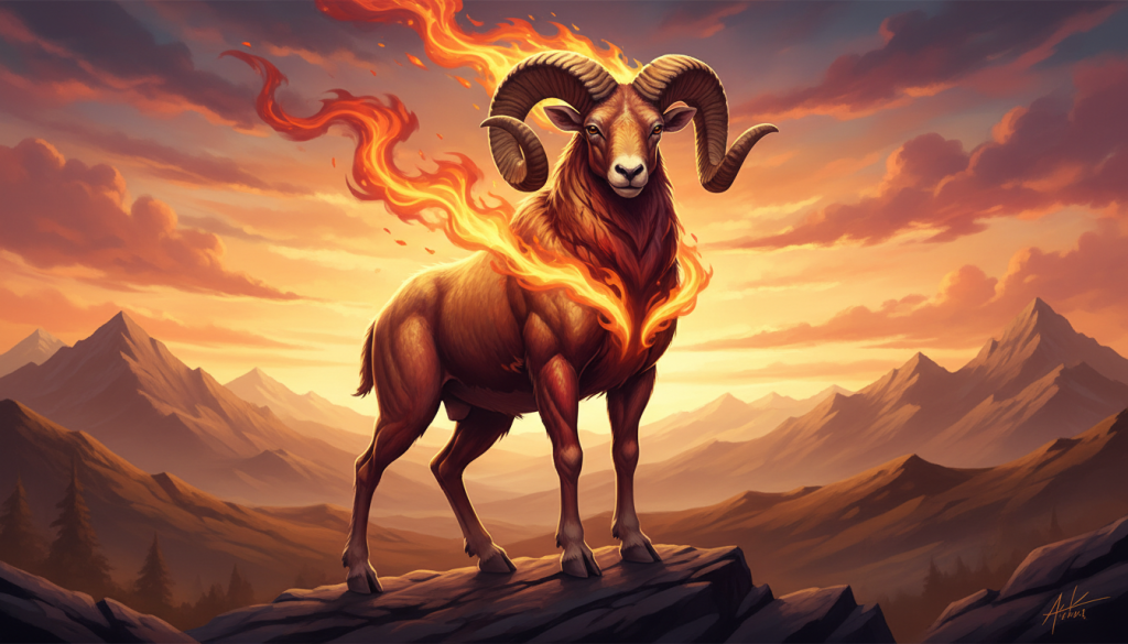 A majestic ram, symbolizing ambition and determination, stands prominently in the foreground, showcasing its powerful physique and impressive horns. The ram's fur glistens in warm shades of gold and red, reflecting the fiery essence of the Aries spirit. In the middle ground, a vibrant flame dances around the ram, embodying the passion and energy associated with the Aries zodiac. The background features a dramatic sunset, casting a warm, glowing light across rolling hills, evoking a sense of fervor and aspiration. The scene is artfully lit, with highlights accentuating the ram's contours and the flames' movement, creating an atmosphere of dynamic courage and ambition. The overall mood is inspirational and uplifting, capturing the essence of Aries' ambition. A majestic ram, symbolizing ambition and determination, stands prominently in the foreground, showcasing its powerful physique and impressive horns. The ram's fur glistens in warm shades of gold and red, reflecting the fiery essence of the Aries spirit. In the middle ground, a vibrant flame dances around the ram, embodying the passion and energy associated with the Aries zodiac. The background features a dramatic sunset, casting a warm, glowing light across rolling hills, evoking a sense of fervor and aspiration. The scene is artfully lit, with highlights accentuating the ram's contours and the flames' movement, creating an atmosphere of dynamic courage and ambition. The overall mood is inspirational and uplifting, capturing the essence of Aries' ambition.