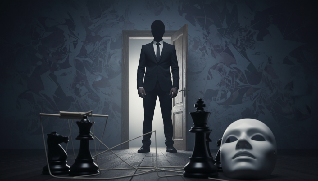 A mysterious figure in a professional business suit stands in a dimly lit room, their face partially obscured by shadows, conveying a sense of intrigue and hidden motives. In the foreground, a blurred selection of symbolic objects representing manipulation—like puppeteer's strings, chess pieces, and a mask—foreshadows their true intentions. The middle ground features a quietly open door, hinting at the secrets lurking beyond, with soft, ambient light spilling through. In the background, an abstract collage of chaotic patterns and muted colors creates an atmosphere of confusion and complexity. The overall mood is suspenseful and thought-provoking, evoking curiosity about the hidden motivations that drive behavior. The scene is captured with a low-angle perspective, enhancing the figure's enigmatic presence while maintaining a professional tone throughout. A mysterious figure in a professional business suit stands in a dimly lit room, their face partially obscured by shadows, conveying a sense of intrigue and hidden motives. In the foreground, a blurred selection of symbolic objects representing manipulation—like puppeteer's strings, chess pieces, and a mask—foreshadows their true intentions. The middle ground features a quietly open door, hinting at the secrets lurking beyond, with soft, ambient light spilling through. In the background, an abstract collage of chaotic patterns and muted colors creates an atmosphere of confusion and complexity. The overall mood is suspenseful and thought-provoking, evoking curiosity about the hidden motivations that drive behavior. The scene is captured with a low-angle perspective, enhancing the figure's enigmatic presence while maintaining a professional tone throughout.