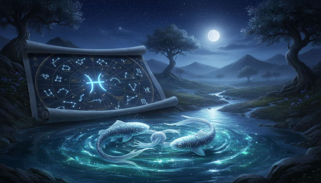 A mystical and enchanting scene depicting astrology, with the zodiac sign Pisces prominently featured. In the foreground, two ethereal fish swimming in a pool of sparkling water, their tails shimmering and interwoven, symbolizing duality and emotion. The middle ground showcases a celestial chart with constellations twinkling in a deep blue night sky, where stars are connected by delicate lines. In the background, a serene landscape of rolling hills under a soft, full moon casting gentle light. The atmosphere is tranquil and introspective, evoking a sense of wonder about the future of love. The scene is softly illuminated with gentle spotlighting, capturing the ethereal quality of astrology. The lens is slightly wide-angle, creating a dreamlike perspective without any text or overlays.