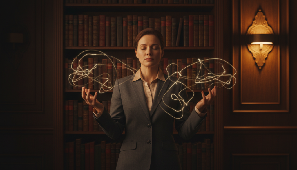 A mystical scene illustrating the concept of intuition, set in a dimly lit room filled with rich, warm tones. In the foreground, a figure dressed in professional business attire stands with an expression of contemplation, eyes closed, as if tapping into their inner voice. Their hands are gently raised, palms facing upwards, suggesting receptivity to unseen guidance. In the middle ground, ethereal wisps of light swirl around them, representing thoughts and intuitive insights, glowing softly against the shadows. The background features a blurred bookshelf filled with tomes on psychology and spirituality, hinting at knowledge and wisdom. The atmosphere feels both serene and introspective, illuminated by a single, soft light source casting gentle shadows, conveying a sense of depth and mystery. A mystical scene illustrating the concept of intuition, set in a dimly lit room filled with rich, warm tones. In the foreground, a figure dressed in professional business attire stands with an expression of contemplation, eyes closed, as if tapping into their inner voice. Their hands are gently raised, palms facing upwards, suggesting receptivity to unseen guidance. In the middle ground, ethereal wisps of light swirl around them, representing thoughts and intuitive insights, glowing softly against the shadows. The background features a blurred bookshelf filled with tomes on psychology and spirituality, hinting at knowledge and wisdom. The atmosphere feels both serene and introspective, illuminated by a single, soft light source casting gentle shadows, conveying a sense of depth and mystery.