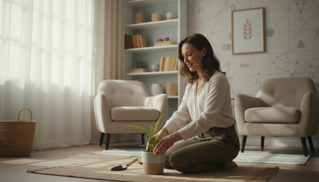 A nurturing scene depicting a Virgo character, a woman in her early 30s, dressed in modest, professional attire, engaged in a caregiving role. In the foreground, she is lovingly tending to a small plant, symbolizing care and dedication. The middle ground features a cozy, sunlit room filled with warm colors, including soft beige and pastel greens, creating a calming atmosphere. A window with sheer curtains allows gentle sunlight to stream in, casting soft shadows. In the background, subtle, abstract representations of the zodiac sign Virgo are integrated into the decor, hinting at the character's astrological traits. The mood is warm and introspective, showcasing her nurturing nature and commitment to others without losing a sense of self. Use a soft focus lens to enhance the soothing ambiance. A nurturing scene depicting a Virgo character, a woman in her early 30s, dressed in modest, professional attire, engaged in a caregiving role. In the foreground, she is lovingly tending to a small plant, symbolizing care and dedication. The middle ground features a cozy, sunlit room filled with warm colors, including soft beige and pastel greens, creating a calming atmosphere. A window with sheer curtains allows gentle sunlight to stream in, casting soft shadows. In the background, subtle, abstract representations of the zodiac sign Virgo are integrated into the decor, hinting at the character's astrological traits. The mood is warm and introspective, showcasing her nurturing nature and commitment to others without losing a sense of self. Use a soft focus lens to enhance the soothing ambiance.
