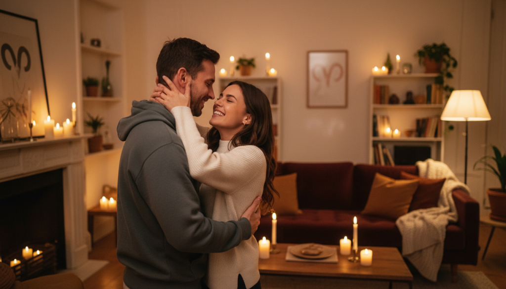 A passionate and intimate scene depicting the intensity of an Aries individual in a love setting. In the foreground, a couple sharing a warm embrace, both dressed in comfortable, casual clothing, exuding a sense of closeness and connection. Their expressions convey deep affection and excitement. In the middle ground, a softly illuminated room with candlelight casting gentle shadows, enhancing the romantic atmosphere. The background features cozy furnishings, such as a plush sofa and subtle decorations, creating an inviting ambiance. The lighting is warm and golden, suggesting a late evening setting. Capture a sense of passion and intensity without any explicit references, focusing on the emotion conveyed through the couple's connection.