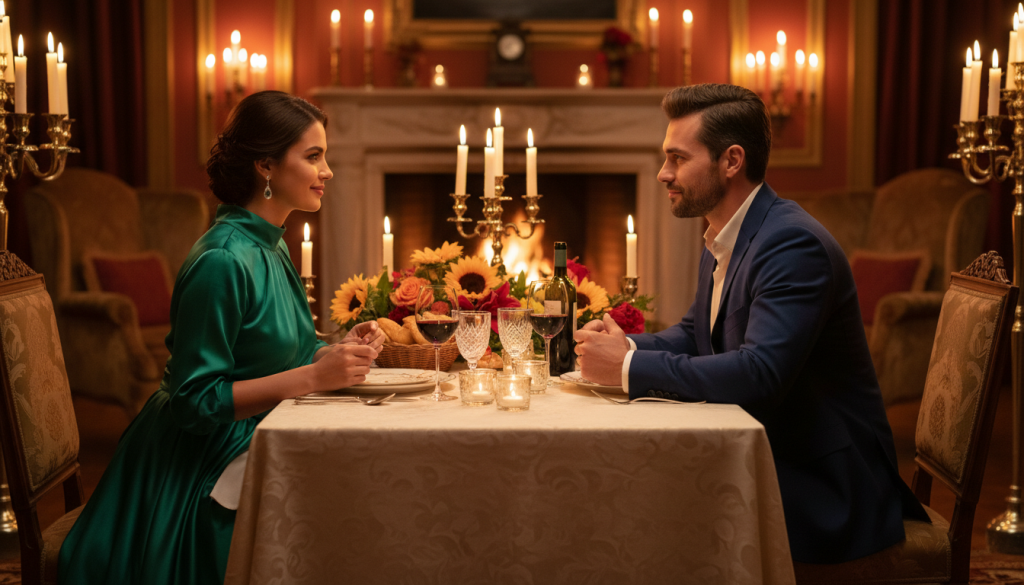A passionate depiction of "Leo Amor," showcasing a couple seated at an elegantly set table, illuminated by soft, warm candlelight. In the foreground, the couple shares a tender gaze, their expressions radiating warmth and ambition. The woman, dressed in a modest yet stylish evening dress, exudes confidence, while the man, in a smart casual outfit, displays an air of charm. In the middle ground, rich floral arrangements and delicate wine glasses enhance the intimate atmosphere. The background features a soft focus of a beautifully designed room, with warm earth tones, reflecting the harmony in their relationship. The lighting is golden and inviting, creating a romantic mood, captured at a slight low angle to emphasize the depth of their connection, alluding to the dynamics of Leo in love and relationships. A passionate depiction of "Leo Amor," showcasing a couple seated at an elegantly set table, illuminated by soft, warm candlelight. In the foreground, the couple shares a tender gaze, their expressions radiating warmth and ambition. The woman, dressed in a modest yet stylish evening dress, exudes confidence, while the man, in a smart casual outfit, displays an air of charm. In the middle ground, rich floral arrangements and delicate wine glasses enhance the intimate atmosphere. The background features a soft focus of a beautifully designed room, with warm earth tones, reflecting the harmony in their relationship. The lighting is golden and inviting, creating a romantic mood, captured at a slight low angle to emphasize the depth of their connection, alluding to the dynamics of Leo in love and relationships.