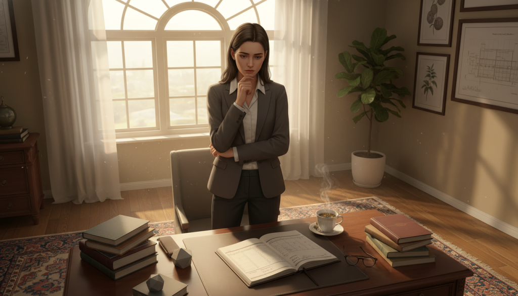 A pensive Virgo character, portrayed as a young professional in modest business attire, stands in a softly lit, elegantly decorated office. In the foreground, their expression is a mix of contemplation and concern, reflecting their inner turmoil over a perceived betrayal. The middle ground features a tastefully arranged desk with personal items that hint at their analytical nature, such as books and a neatly organized planner. In the background, a large window allows warm, golden sunlight to filter in, casting soft shadows that enhance the mood of vulnerability and introspection. The overall atmosphere is one of quiet tension and emotional depth, evoking the complexities of jealousy and loyalty. The angle is slightly elevated, capturing both the character's profile and the serene office environment. A pensive Virgo character, portrayed as a young professional in modest business attire, stands in a softly lit, elegantly decorated office. In the foreground, their expression is a mix of contemplation and concern, reflecting their inner turmoil over a perceived betrayal. The middle ground features a tastefully arranged desk with personal items that hint at their analytical nature, such as books and a neatly organized planner. In the background, a large window allows warm, golden sunlight to filter in, casting soft shadows that enhance the mood of vulnerability and introspection. The overall atmosphere is one of quiet tension and emotional depth, evoking the complexities of jealousy and loyalty. The angle is slightly elevated, capturing both the character's profile and the serene office environment.