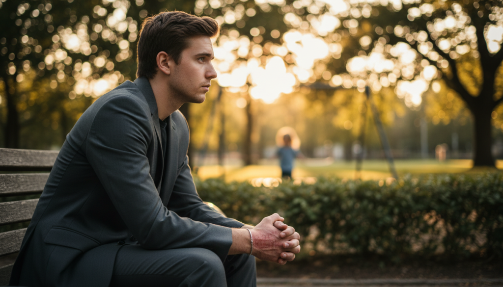 A poignant depiction of emotional wounds: a serene yet somber scene featuring a young adult in professional attire, sitting on a park bench with a reflective expression. The foreground captures a close-up of their hands, clasped tightly together, showing signs of anxiety. In the middle ground, a blurred silhouette of a child playing alone, representing childhood innocence and isolation. The background features a softly lit park setting, with warm golden hour sunlight filtering through the trees, creating a gentle bokeh effect. The overall atmosphere conveys a sense of vulnerability and introspection, embodying the concept of "humiliation" and emotional scars. The composition should evoke empathy, inviting viewers to connect with the subject's internal struggle.
