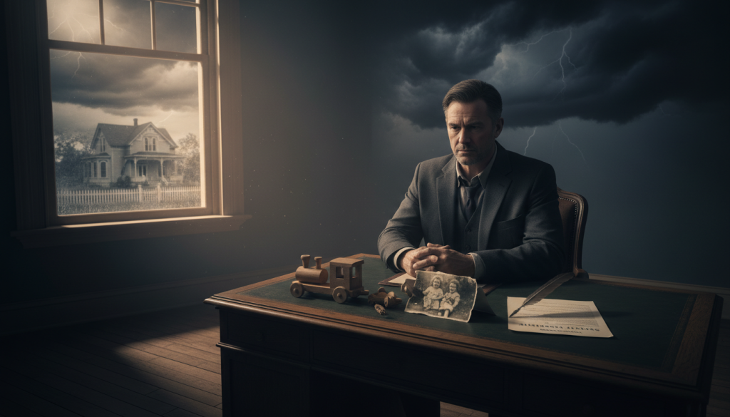 A poignant representation of betrayal and injustice, capturing a solitary figure in a dimly-lit room. In the foreground, a man in professional attire sits with a stoic expression, his face partially illuminated by a soft, warm light emanating from a nearby window, casting long shadows. His hands rest on a table cluttered with symbolic items: a broken toy, a crumpled photograph, and a legal document, signifying childhood hurt and adult disillusionment. In the middle ground, a blurred image of a childhood home appears through the window, evoking nostalgia and lost innocence. In the background, dark, stormy clouds loom outside, enhancing the atmosphere of sadness and introspection. The overall mood is one of deep reflection and sorrow, highlighting the lasting impact of past traumas.