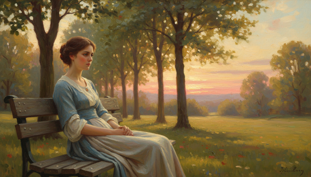 A poignant scene capturing the essence of sensitivity and drama. In the foreground, a young woman with a contemplative expression, dressed in modest, flowing clothing, seated on a park bench, her gaze directed towards the distance, illustrating introspection. In the middle ground, lush trees sway gently in the breeze, their leaves dappled with sunlight, symbolizing emotional turmoil. The background features a soft-focus sunset with hues of pink and gold, casting a warm glow over the scene. The lighting is soft and ethereal, enhancing the dramatic atmosphere. The overall mood is one of deep reflection and intensity, evoking the intertwining of sensitivity and drama, with an artistic depth reminiscent of classic romantic paintings. A poignant scene capturing the essence of sensitivity and drama. In the foreground, a young woman with a contemplative expression, dressed in modest, flowing clothing, seated on a park bench, her gaze directed towards the distance, illustrating introspection. In the middle ground, lush trees sway gently in the breeze, their leaves dappled with sunlight, symbolizing emotional turmoil. The background features a soft-focus sunset with hues of pink and gold, casting a warm glow over the scene. The lighting is soft and ethereal, enhancing the dramatic atmosphere. The overall mood is one of deep reflection and intensity, evoking the intertwining of sensitivity and drama, with an artistic depth reminiscent of classic romantic paintings.