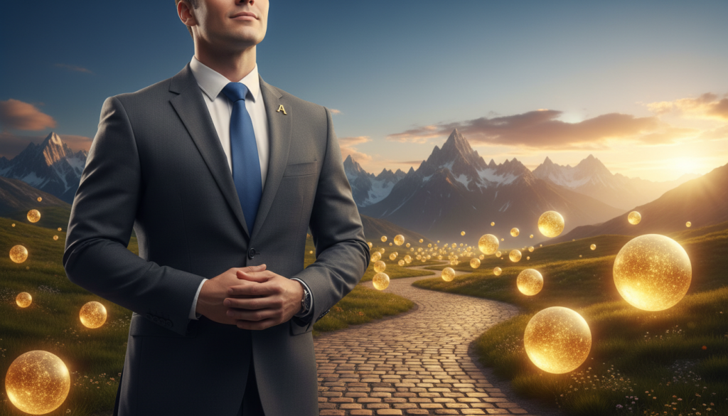 A powerful and determined figure representing ambition stands confidently at the forefront, dressed in polished business attire, conveying professionalism and focus. Their posture exudes strength and determination, suggesting a relentless drive toward personal conquest. In the middle ground, a vibrant landscape emerges, featuring a pathway lined with golden opportunities, symbolized by glowing orbs of light that float gently in the air. In the background, a majestic mountain range looms, bathed in warm, golden sunlight, under a clear blue sky, signifying a high-reaching goal. The lighting is dramatic yet uplifting, casting soft shadows that enhance the sense of depth. The overall atmosphere is one of inspiration and achievement, inviting the viewer to reflect on their own ambitions and potential for success. A powerful and determined figure representing ambition stands confidently at the forefront, dressed in polished business attire, conveying professionalism and focus. Their posture exudes strength and determination, suggesting a relentless drive toward personal conquest. In the middle ground, a vibrant landscape emerges, featuring a pathway lined with golden opportunities, symbolized by glowing orbs of light that float gently in the air. In the background, a majestic mountain range looms, bathed in warm, golden sunlight, under a clear blue sky, signifying a high-reaching goal. The lighting is dramatic yet uplifting, casting soft shadows that enhance the sense of depth. The overall atmosphere is one of inspiration and achievement, inviting the viewer to reflect on their own ambitions and potential for success.