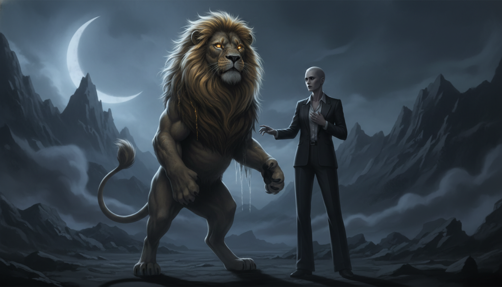 A powerful depiction of the dark side of Leo in love, centered around a dramatic figure embodying both allure and ego. In the foreground, a majestic lion, its mane flowing like molten gold, stands fierce and proud, exuding confidence and dominance. Its piercing eyes glimmer with a sense of entitlement and hidden vulnerability. In the middle ground, a shadowy figure representing a person dressed in elegant, professional attire, gazes at the lion with a mix of admiration and apprehension, symbolizing the complexities of love entwined with ego. The background features a dark, moody landscape lit by ethereal moonlight, casting deep shadows that create a sense of drama and intrigue. The atmosphere is tense yet captivating, reflecting the duality of strength and insecurity in romantic relationships. Use soft, ethereal lighting, with a focus on chiaroscuro techniques for depth, capturing the richness of the scene at a slight low angle. A powerful depiction of the dark side of Leo in love, centered around a dramatic figure embodying both allure and ego. In the foreground, a majestic lion, its mane flowing like molten gold, stands fierce and proud, exuding confidence and dominance. Its piercing eyes glimmer with a sense of entitlement and hidden vulnerability. In the middle ground, a shadowy figure representing a person dressed in elegant, professional attire, gazes at the lion with a mix of admiration and apprehension, symbolizing the complexities of love entwined with ego. The background features a dark, moody landscape lit by ethereal moonlight, casting deep shadows that create a sense of drama and intrigue. The atmosphere is tense yet captivating, reflecting the duality of strength and insecurity in romantic relationships. Use soft, ethereal lighting, with a focus on chiaroscuro techniques for depth, capturing the richness of the scene at a slight low angle.