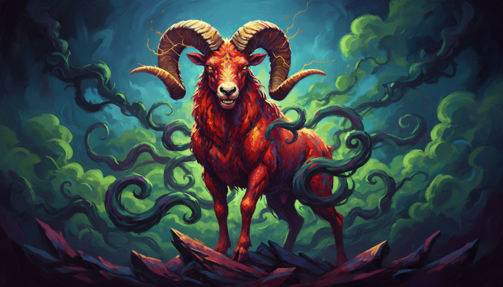 A powerful representation of envy, portrayed through a colorful, abstract depiction of a vibrant Aries ram. In the foreground, the ram stands proudly with a fierce expression, its horns curling dramatically, infused with shades of red and gold symbolizing anger and passion. In the middle ground, swirling wisps of green and purple engulf the ram, representing jealousy and irritation, creating a chaotic energy. The background features a soft gradient of dark blues and blacks, symbolizing the shadows of insecurity and conflict that often accompany envy. The lighting is dynamic, highlighting the ram’s features and casting dramatic shadows, while a low-angle perspective enhances the intensity of the subject. The overall mood is charged with tension, reflecting the intertwining nature of envy and anger. A powerful representation of envy, portrayed through a colorful, abstract depiction of a vibrant Aries ram. In the foreground, the ram stands proudly with a fierce expression, its horns curling dramatically, infused with shades of red and gold symbolizing anger and passion. In the middle ground, swirling wisps of green and purple engulf the ram, representing jealousy and irritation, creating a chaotic energy. The background features a soft gradient of dark blues and blacks, symbolizing the shadows of insecurity and conflict that often accompany envy. The lighting is dynamic, highlighting the ram’s features and casting dramatic shadows, while a low-angle perspective enhances the intensity of the subject. The overall mood is charged with tension, reflecting the intertwining nature of envy and anger.
