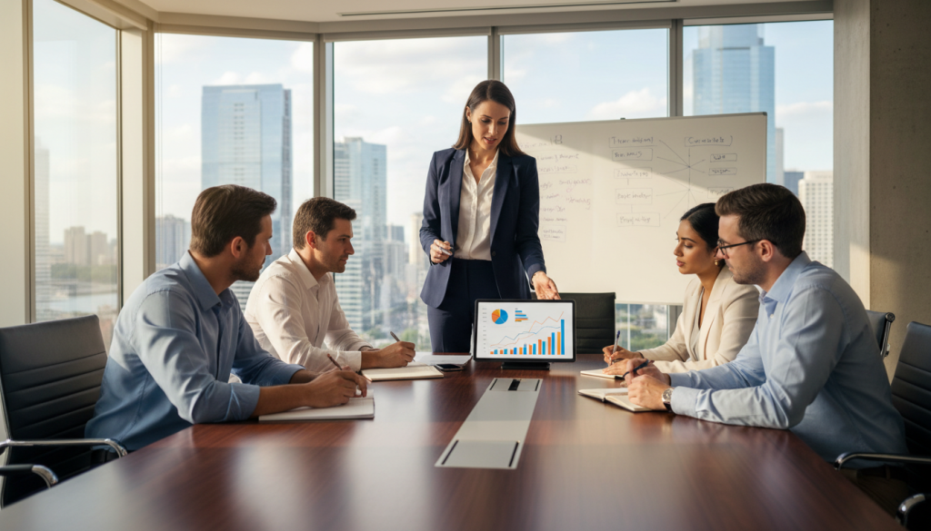 A professional office setting filled with natural light, showcasing a diverse group of individuals engaged in a strategic discussion around a modern conference table. In the foreground, a confident businesswoman in formal attire gestures towards a digital tablet displaying charts and graphs, symbolizing material decision-making. The middle layer includes collaborative team members, including a man and a woman, actively taking notes and brainstorming ideas. In the background, a large window reveals an urban skyline, suggesting growth and opportunity. Soft, warm lighting creates an inviting atmosphere, while the composition conveys focus and collaboration, perfect for illustrating informed decision-making in a professional context. A professional office setting filled with natural light, showcasing a diverse group of individuals engaged in a strategic discussion around a modern conference table. In the foreground, a confident businesswoman in formal attire gestures towards a digital tablet displaying charts and graphs, symbolizing material decision-making. The middle layer includes collaborative team members, including a man and a woman, actively taking notes and brainstorming ideas. In the background, a large window reveals an urban skyline, suggesting growth and opportunity. Soft, warm lighting creates an inviting atmosphere, while the composition conveys focus and collaboration, perfect for illustrating informed decision-making in a professional context.