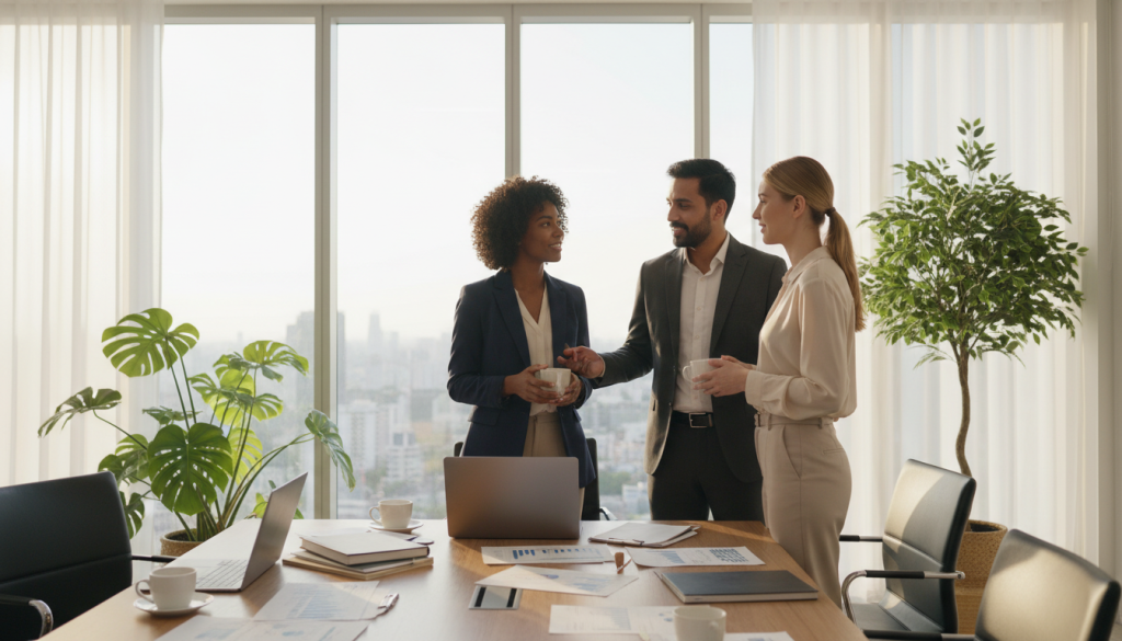 A professional workspace illustrating the dynamics of personal and work relationships. In the foreground, a diverse group of three individuals, dressed in professional business attire, engage in a warm conversation, showcasing empathy and connection. Their expressions reflect understanding and support. In the middle ground, a large conference table with open laptops, documents, and coffee cups represents collaboration. The background features a bright, modern office with large windows allowing natural light to fill the space, creating an inviting and energetic atmosphere. Soft, diffused lighting emphasizes a sense of calm and focus. Include subtle details like plants for a touch of warmth and life, highlighting a harmonious blend of work and personal connections within the professional environment.