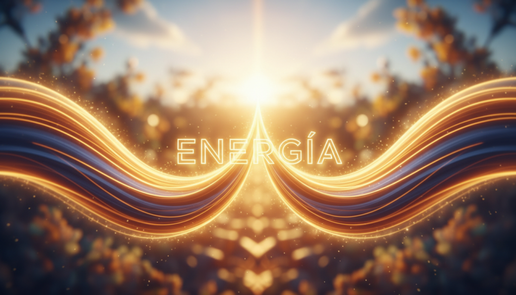 A radiant and dynamic representation of "energía," showcasing vibrant colors of gold, orange, and deep blues swirling together in a harmonious dance. In the foreground, an abstract representation of energy waves flows in smooth curves, converging towards a glowing core that symbolizes prosperity. The middle layer features a gentle, luminescent aura surrounding the energy flows, creating a sense of movement and vitality. In the background, softly blurred silhouettes of thriving plants and a sunlit sky add to the uplifting atmosphere. The lighting is warm and inviting, casting soft reflections and highlights that enhance the vibrancy. The mood is optimistic and empowering, evoking a sense of abundance and positivity, perfect for inspiring growth and high vibrations throughout the year.