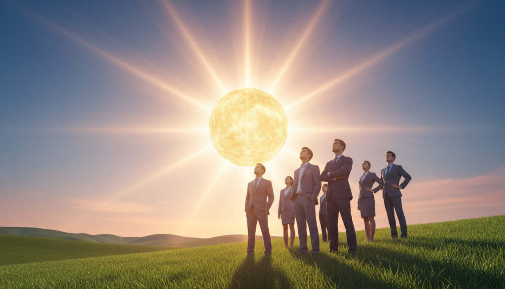 A radiant and majestic sun, symbolizing vitality and leadership, dominates the foreground, glowing with warm, golden hues that cast an ethereal light. In the middle ground, a diverse group of confident, professionally attired individuals look towards the sun, embodying ambition and strength. They stand on a lush green hillside, suggesting growth and prosperity. The background is a clear blue sky transitioning into a hint of dawn, signifying new beginnings and potential. The lighting is bright and uplifting, creating a sense of inspiration and energy. The scene captures a mood of optimism and power, reflecting the importance of the sun in zodiac Leo, emphasizing its role in nurturing and guiding. The composition highlights natural elements harmoniously blended with human ambition.