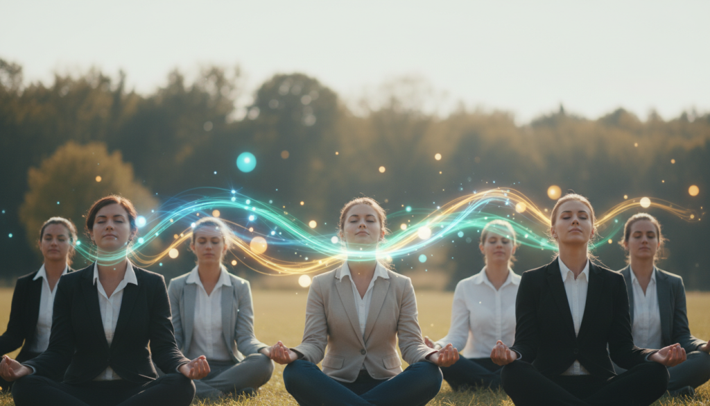 A radiant and serene scene illustrating the concept of "vital energy." In the foreground, a group of diverse individuals in professional attire engage in a meditative practice, their hands raised towards the sky, symbolizing the channeling of energy. In the middle ground, vibrant flowing colors—blues, greens, and golds—intertwine, representing the flow of vital energy; soft, glowing orbs float around them, enhancing the feeling of life and positivity. The background features a soft-focus nature setting, with lush trees and a clear blue sky, creating an atmosphere of tranquility and renewal. The lighting is warm and inviting, casting gentle golden hues that emphasize a sense of harmony and purpose, captured at a slightly elevated angle to provide depth and perspective.