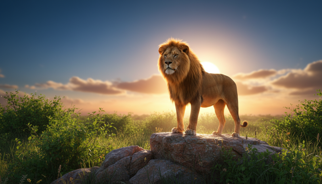 A radiant sun casts golden rays over a majestic lion standing proudly on a rocky outcrop, symbolizing the powerful energy of Leo. The foreground features the lion's detailed fur glistening in the sunlight, exuding strength and confidence. In the middle ground, lush greenery surrounds the rocky terrain, embodying vitality and life. The background reveals a clear blue sky transitioning into warm hues of orange and pink, showcasing a breathtaking sunset that reflects on the lion's vibrant energy. The mood is uplifting and inspirational, emphasizing the connection between the sun and the spirited essence of Leo. The scene is captured with a warm, soft focus, using a wide-angle lens to encompass the magnificent landscape, highlighting the harmonious balance between the lion and its solar influence.