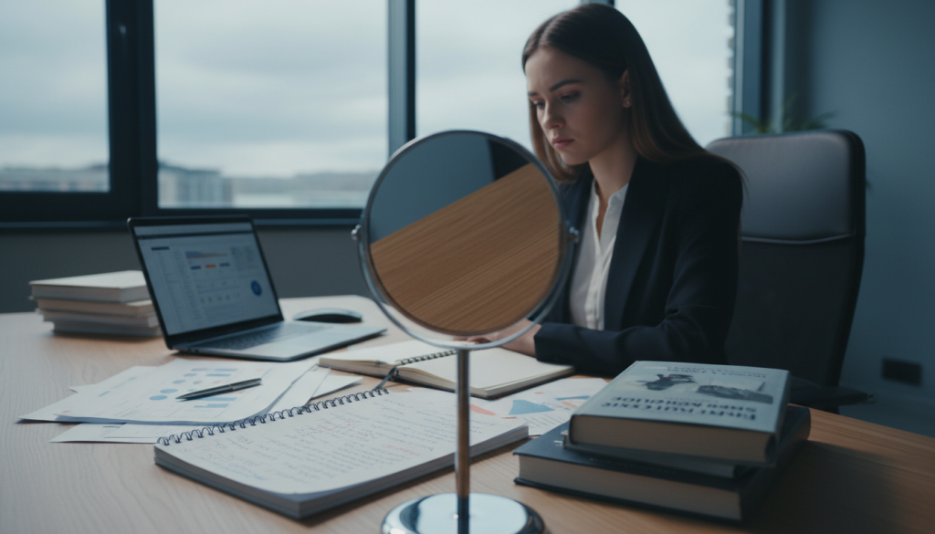 A reflective scene depicting a young professional woman in a modern office setting, sitting at her desk surrounded by papers and a laptop, her expression contemplative and slightly pensive. In the foreground, a mirror subtly reflects her face, symbolizing self-examination. In the middle ground, various self-help books and a notepad filled with scribbled thoughts are scattered, emphasizing her struggle with constant self-criticism. The background includes a large window showing a cloudy sky, casting soft, diffused natural light into the room, creating a moody, introspective atmosphere. The composition should evoke a sense of introspection and the weight of internal dialogue, capturing the essence of enduring self-critique without overwhelming the viewer.