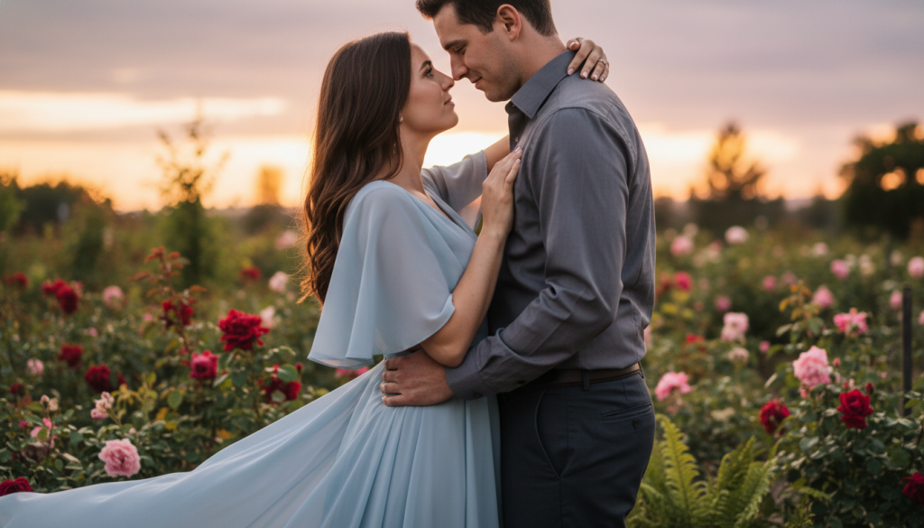 A romantic scene depicting the intense physical connection of love, featuring a couple in an affectionate embrace. In the foreground, they share a warm gaze, embodying deep emotional intimacy. The woman wears a flowing pastel dress, while the man is in a fitted, elegant shirt and trousers. In the middle ground, lush greenery and vibrant blooms create a serene environment, symbolizing love’s vitality. The background showcases a soft, sunset-lit sky, casting a golden hue over the scene, enhancing the warmth of their connection. Use warm, diffused lighting to create an intimate atmosphere, with a shallow depth of field that gently blurs the background while keeping the couple sharply in focus, conveying the theme of physical intensity in love.