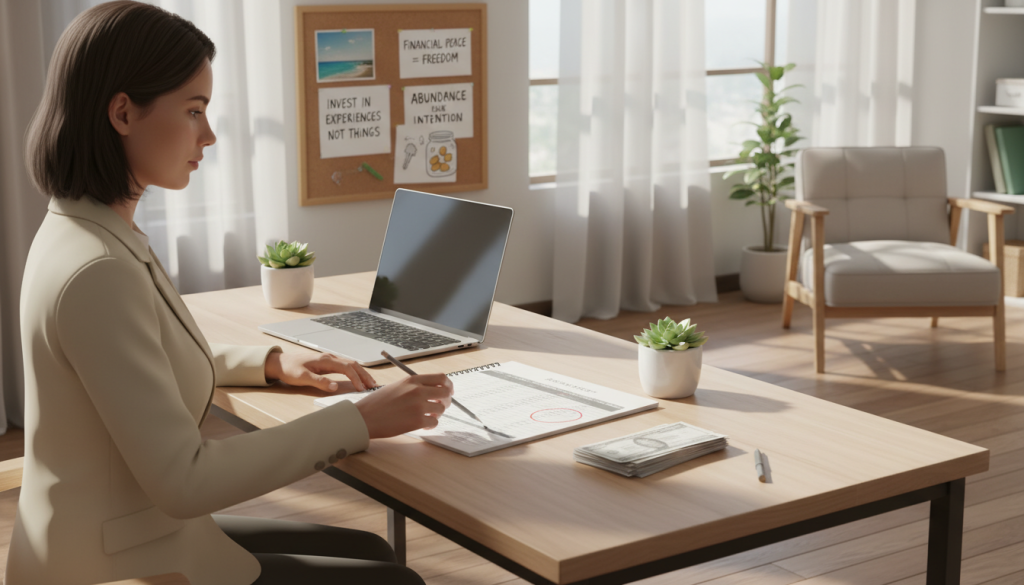 A serene and balanced office workspace, showcasing a stylish wooden desk neatly organized with a laptop, a plant, and a notepad. In the foreground, a person in professional attire, embodying focus and tranquility, thoughtfully reviewing their budget with a pencil, illustrating the concept of avoiding unnecessary expenses. In the middle, a bulletin board displays reminders for financial mindfulness and abundance, adorned with uplifting quotes and visual goals. In the background, soft natural light streams through a window, casting gentle shadows, creating a warm and inviting atmosphere. The overall mood is calm, encouraging productivity and mindful financial practices, emphasizing clarity and intention in financial decisions.
