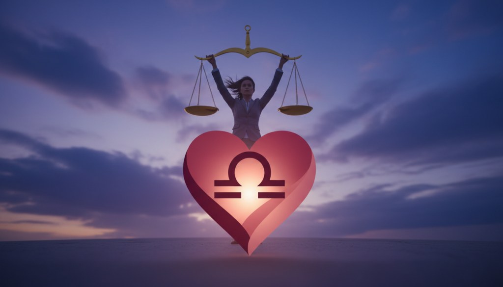 A serene and balanced representation of "Libra corazón," featuring a striking heart symbol intertwined with the Libra zodiac scales, radiating harmony. In the foreground, the heart glows warmly, exhibiting shades of deep reds and soft pinks, symbolizing compassion and connection. The scales elegantly suspend above, depicted in luxurious gold, representing fairness and balance. In the middle ground, an ethereal figure of a person dressed in professional attire stands elegantly, holding the scales aloft against adversity, embodying courage and determination. The background features a dramatic twilight sky with soft clouds, blending hues of purple and blue, enhancing the mood of resilience and strength. Soft, ambient lighting bathes the scene, illuminating the central elements and creating a peaceful yet powerful atmosphere. The angle is slightly low, emphasizing the figure’s bravery and the balance of the Libra symbol. A serene and balanced representation of "Libra corazón," featuring a striking heart symbol intertwined with the Libra zodiac scales, radiating harmony. In the foreground, the heart glows warmly, exhibiting shades of deep reds and soft pinks, symbolizing compassion and connection. The scales elegantly suspend above, depicted in luxurious gold, representing fairness and balance. In the middle ground, an ethereal figure of a person dressed in professional attire stands elegantly, holding the scales aloft against adversity, embodying courage and determination. The background features a dramatic twilight sky with soft clouds, blending hues of purple and blue, enhancing the mood of resilience and strength. Soft, ambient lighting bathes the scene, illuminating the central elements and creating a peaceful yet powerful atmosphere. The angle is slightly low, emphasizing the figure’s bravery and the balance of the Libra symbol.
