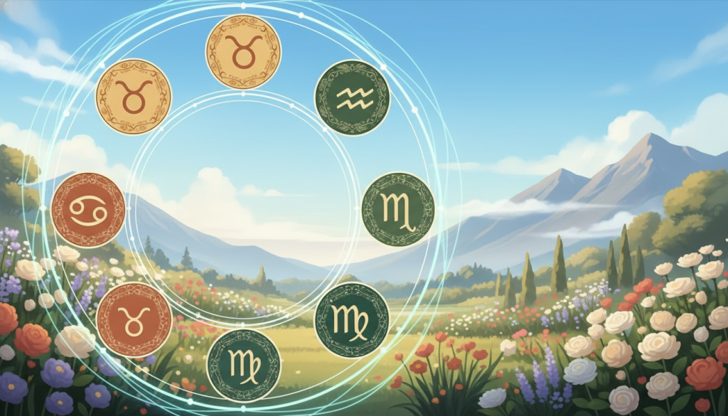 A serene and balanced representation of the zodiac signs associated with stability. In the foreground, an elegant zodiac wheel composed of symbolic astrological signs like Taurus, Capricorn, and Virgo, each intricately designed with earthy tones and surrounded by flowing wisps of soft blue and green light. In the middle, a tranquil landscape featuring a lush garden with blooming flowers, symbolizing growth and harmony, under a clear sky with gentle sunlight illuminating the scene, creating a warm and inviting atmosphere. The background showcases distant mountains, suggesting strength and permanence, softened by a light mist. The overall mood is calm and reassuring, evoking feelings of trust and support, ideal for illustrating themes of stability and loyalty. A serene and balanced representation of the zodiac signs associated with stability. In the foreground, an elegant zodiac wheel composed of symbolic astrological signs like Taurus, Capricorn, and Virgo, each intricately designed with earthy tones and surrounded by flowing wisps of soft blue and green light. In the middle, a tranquil landscape featuring a lush garden with blooming flowers, symbolizing growth and harmony, under a clear sky with gentle sunlight illuminating the scene, creating a warm and inviting atmosphere. The background showcases distant mountains, suggesting strength and permanence, softened by a light mist. The overall mood is calm and reassuring, evoking feelings of trust and support, ideal for illustrating themes of stability and loyalty.