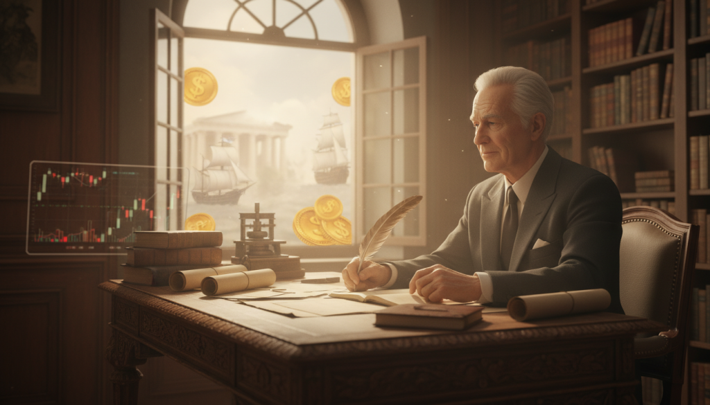 A serene and contemplative scene depicting "lessons from the past" to inspire future prosperity. In the foreground, a wise elderly figure, dressed in formal business attire, sits pensively at an antique wooden desk, reviewing historical documents and charts with a thoughtful expression. The middle layer includes an open window with natural light illuminating the scene, allowing rays to highlight the dust motes in the air. In the background, softly blurred images of iconic historical events and symbols of wealth, such as coins and books, subtly suggest the weight of history. The atmosphere is warm and reflective, evoking a sense of wisdom and opportunity, captured with a soft focus lens to create a nostalgic yet hopeful mood. A serene and contemplative scene depicting "lessons from the past" to inspire future prosperity. In the foreground, a wise elderly figure, dressed in formal business attire, sits pensively at an antique wooden desk, reviewing historical documents and charts with a thoughtful expression. The middle layer includes an open window with natural light illuminating the scene, allowing rays to highlight the dust motes in the air. In the background, softly blurred images of iconic historical events and symbols of wealth, such as coins and books, subtly suggest the weight of history. The atmosphere is warm and reflective, evoking a sense of wisdom and opportunity, captured with a soft focus lens to create a nostalgic yet hopeful mood.