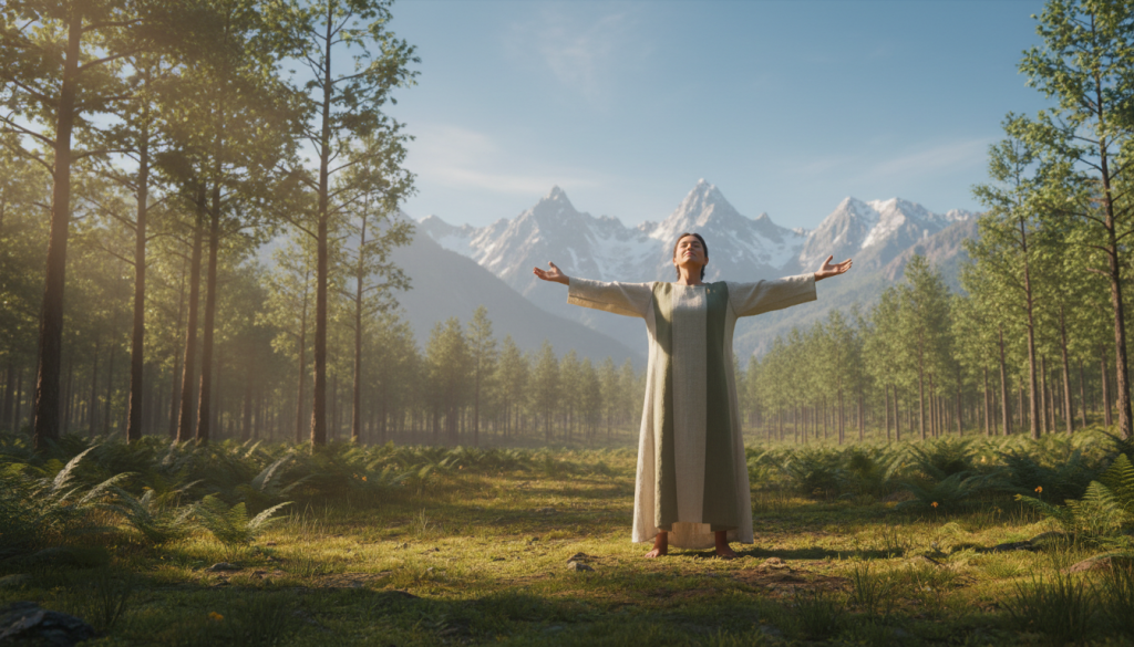 A serene and empowering scene that visually embodies the concept of self-reliance and personal growth, set in a tranquil outdoor environment. In the foreground, a figure stands confidently with open arms, dressed in modest casual clothing, symbolizing freedom from external rituals. The middle layer features lush greenery and gentle sunlight filtering through leaves, creating an atmosphere of calm and clarity. In the background, distant mountains rise under a clear blue sky, representing overcoming obstacles and focusing on personal strength. The lighting is soft and warm, casting gentle shadows that enhance the mood of inspiration and self-discovery. The composition should evoke a sense of liberation and internal strength, encouraging viewers to embrace their own journey without dependence on external rituals.