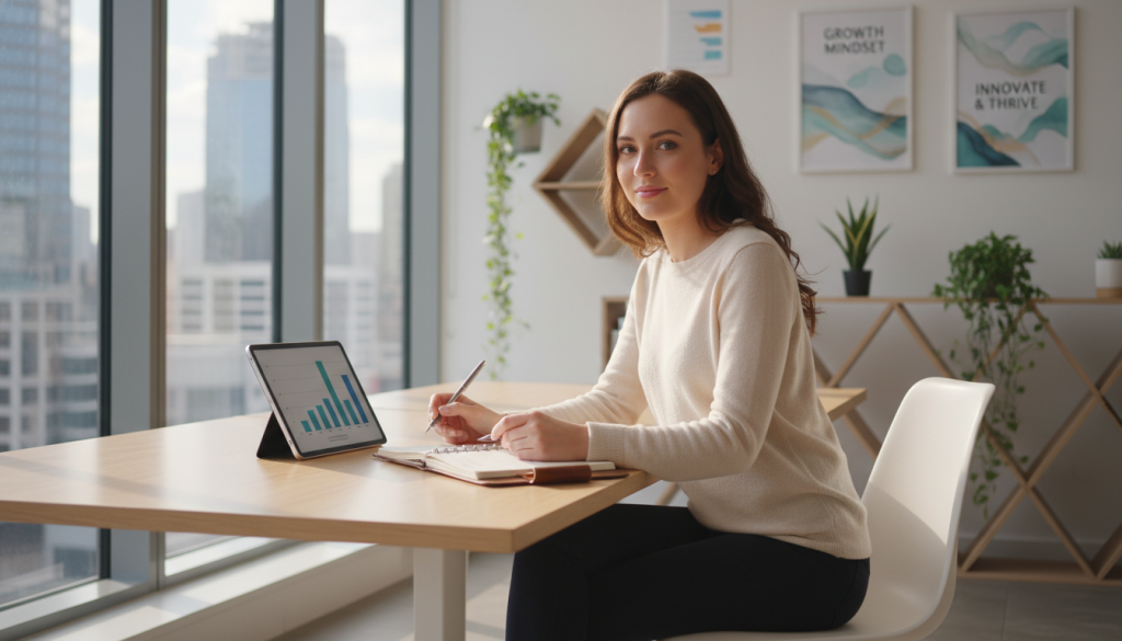 A serene and forward-looking scene depicting a young professional woman in a modern office space, seated at a sleek desk with a digital tablet and a planner open in front of her. The foreground features her focused expression, reflecting determination and hope. In the middle ground, soft natural light floods the room through large windows, illuminating an urban skyline. The background showcases minimalist decor with green plants and motivational artwork on the walls, enhancing the atmosphere of growth and ambition. The lens captures a warm, inviting ambiance, conveying a sense of empowerment and innovation. The overall mood is optimistic and inspiring, symbolizing new beginnings and the tools necessary for personal growth.